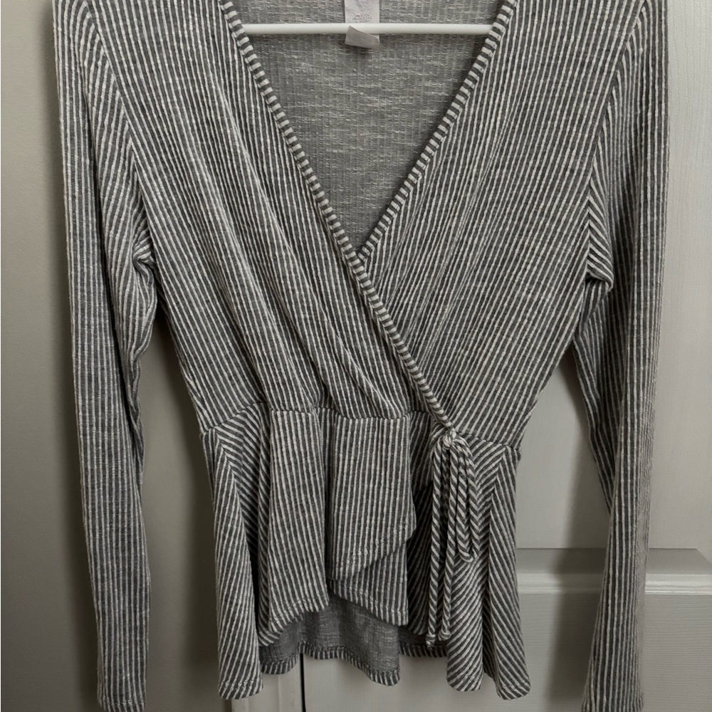Striped Gray Long Sleeve Wrap Top